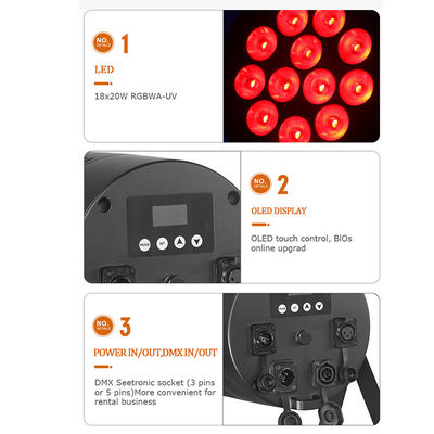 เวทีกลางแจ้งแสง IP65 กันน้ำ 18x20W LED Par RGBWA + UV 6 in 1 DMX512 ล้างสำหรับงานแต่งงานปาร์ตี้ดิสโก้กิจกรรมอาคาร Facade