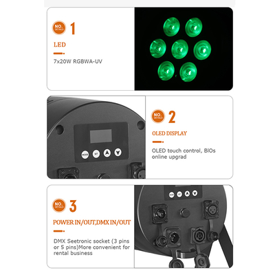 ไฟพาร์ LED กลางแจ้งภายนอกอาคาร 6-in-1 ขนาด 7*20W กันน้ำ IP65 RGBWA-UV ควบคุม DMX 512