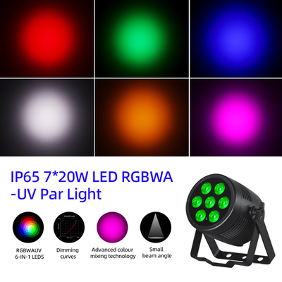 ไฟพาร์ LED กลางแจ้งภายนอกอาคาร 6-in-1 ขนาด 7*20W กันน้ำ IP65 RGBWA-UV ควบคุม DMX 512