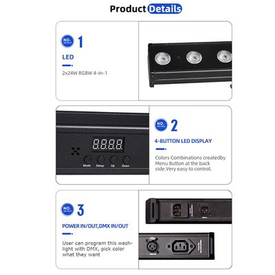 ไฟวอชไลท์ IP20 DMX512 โซลูชันเพลงอัจฉริยะขั้นสูง 24*2W ไฟ LED RGBW บาร์เชิงเส้น Wall Washer