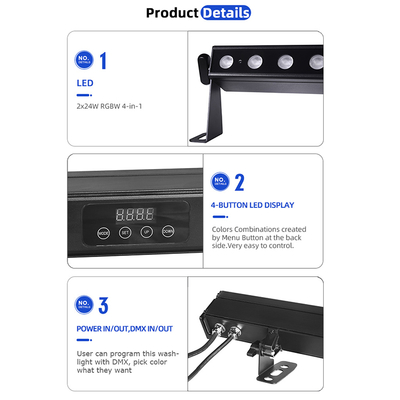 ไฟวอลล์วอช LED DMX512 24x2W ใช้พลังงานจากแบตเตอรี่ กันน้ำ IP65 พร้อมเอฟเฟกต์ RGBW สำหรับไฟส่องสว่างภายนอกอาคารเชิงพาณิชย์