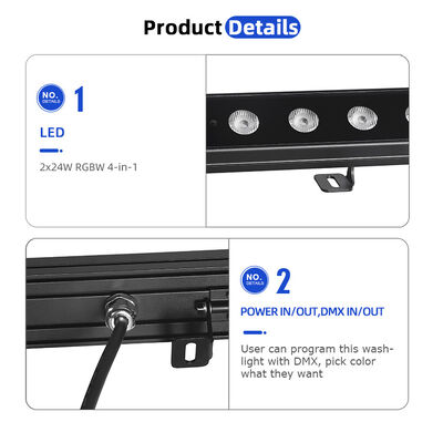 ไฟ LED Linear Wall Washer 2x24W RGBW 4-in-1 IP65 สำหรับภายนอกอาคาร — ไฟส่องสว่างกันน้ำ DMX512 สำหรับอาคาร, สะพาน และภูมิทัศน์