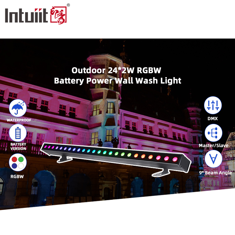 ไฟวอลล์วอช LED DMX512 24x2W ใช้พลังงานจากแบตเตอรี่ กันน้ำ IP65 พร้อมเอฟเฟกต์ RGBW สำหรับไฟส่องสว่างภายนอกอาคารเชิงพาณิชย์